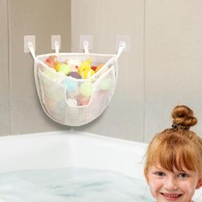 Bath Toy Storage, Large Capacity Bath Toy Holder with Buttom Zipper, Quick Release Bathtub Toy Storage with Large Pocket, Corner Mesh Bath Toy Organizer Basket Bin for Bathroom Toys - White