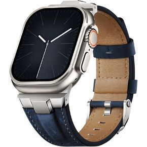 Suitisbest Leather Bands Compatible for Apple Watch Ultra Band 49mm 46mm 45mm 44mm 42mm, Genuine Leather Rugged Durable Matel Connector Strap for Women Men iWatch Ultra 10 9 8 7 6 5 4 3 SE