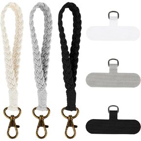 3Pcs Boho Macrame Phone Wrist Strap, Cell Phone Lanyard with 3Pcs Phone Tether Tabs, Handmade Wristlet Keychain Phone Case Anti-Loss Phone Chain for Women Men(Black White Gray)
