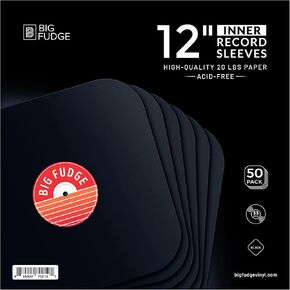 Big Fudge Vinyl Record Inner Sleeves - LP Album Covers in Heavyweight & Acid Free Paper - Protective Cover with Round Corners for 12" Records - Black, 50 Pack