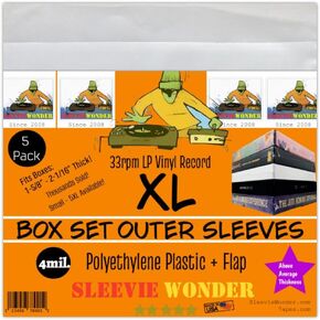XL Box Set Sleeves (5) + Flap 4mil Thick Strong USA Polyethylene Plastic for 33rpm LP Vinyl Record Album Boxset (+1 Free Dj Sticker)