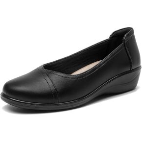 ALLOT Women's Low Heel Wedge Work Shoes Round Toe Slip-on Arch Support Comfortable Loafer Casual Office Business Flats Dress Pumps
