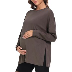 BBHoping Women's Maternity Shirts Casual Split Side Pregnancy Clothes Long Sleeve Round Neck Loose Maternity Tops
