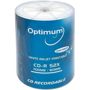 OPTIMUM CD-R Blank Disc 700MB 52X Moisture Resistant White Inkjet Hub Printable Recordable Media - 100 Discs (no Container) Blank CDs for Music Audio Data