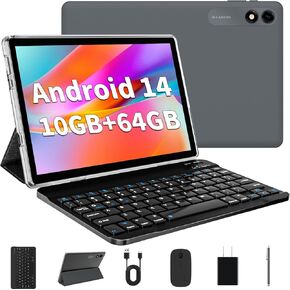 Android 14 Tablet 10.1 inch Tablet 2024 Latest Tablet with Keyboard Mouse 10GB+64GB 1TB Expand 6000mAh Octa-Core Processor Dual Camera WiFi 1280x800 IPS 18W Fast Charging