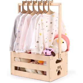 Wooden Baby Shower Crate Closet, Baby Basket with Handle Baby Storage Crate Hamper, Baby Welcome Gifts with 6 Pieces Teddy Bear Wooden Hangers, Baby Personailzed Basket for Pregnancy New Parent