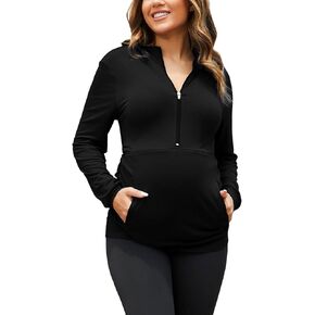 GINKANA Maternity Long Sleeve Hoodie Half Zipper Casual Maternity Tops with Pockets Pregnancy Sweatshirt