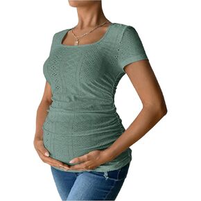 SweatyRocks Women's Maternity Tops Ruched Round Neck Short Sleeve Eyelet T Shirts