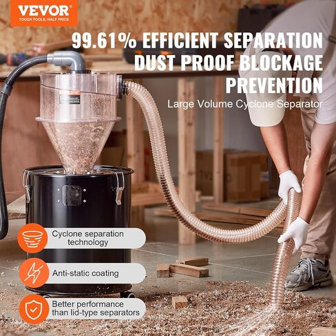 VEVOR Cyclone Dust Separator with Metal Tank, 4" Retrofit Cyclone Separator for Dust Collectors, ABS Material With 2" Hole O.D. Connector & Hose for Wet/Dry Shop Vacuums, Fits 13.21 Gallon Tank in Saudi Arabia