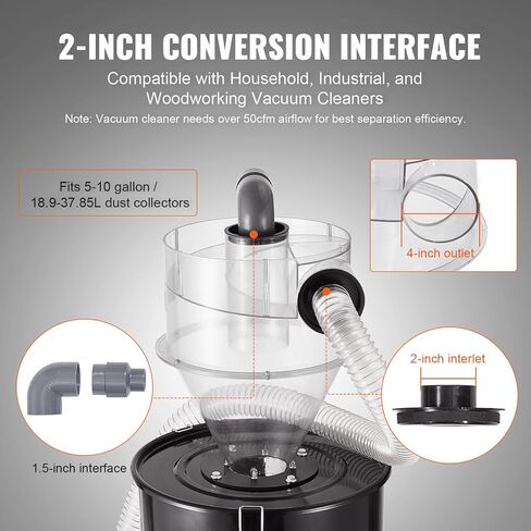 VEVOR Cyclone Dust Separator with Metal Tank, 4" Retrofit Cyclone Separator for Dust Collectors, ABS Material With 2" Hole O.D. Connector & Hose for Wet/Dry Shop Vacuums, Fits 13.21 Gallon Tank in Saudi Arabia