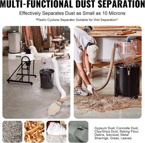 VEVOR Cyclone Dust Separator with Metal Tank, 4" Retrofit Cyclone Separator for Dust Collectors, ABS Material With 2" Hole O.D. Connector & Hose for Wet/Dry Shop Vacuums, Fits 13.21 Gallon Tank in Saudi Arabia