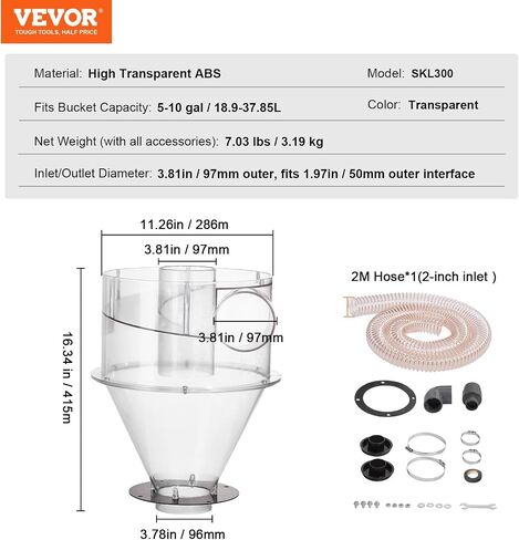 VEVOR Cyclone Dust Separator with Metal Tank, 4" Retrofit Cyclone Separator for Dust Collectors, ABS Material With 2" Hole O.D. Connector & Hose for Wet/Dry Shop Vacuums, Fits 13.21 Gallon Tank in Saudi Arabia