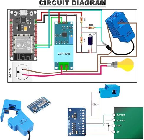Current Transformer SCT-013-000 Non-invasive Split Core Current Transformer AC 100A/50mA + ADS1115 ADC Conversion Board with Male and Female Dupont Cable Audio Female Cable in Kuwait