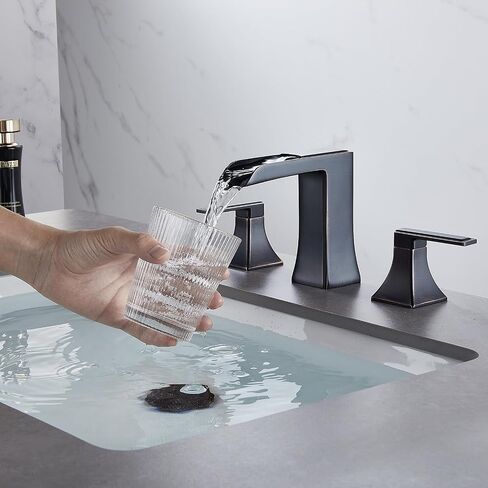 Widespread Bathroom Faucet 3 Hole, Black and Gold Waterfall Bathroom Sink Faucet, 4-Inch Centerset Bathroom Vanity Faucets with Pop Up Drain and Supply Lines in Saudi Arabia