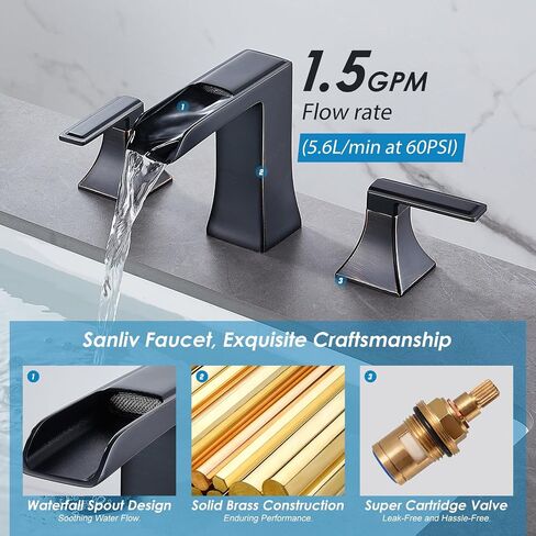 Widespread Bathroom Faucet 3 Hole, Black and Gold Waterfall Bathroom Sink Faucet, 4-Inch Centerset Bathroom Vanity Faucets with Pop Up Drain and Supply Lines in Saudi Arabia