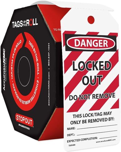 Accuform 100 Lockout Tags by-The-Roll, Danger Locked Out Do Not Remove, US Made OSHA Compliant Tags, Tear & Water Resistant PF-Cardstock, 6.25"x 3", TAR418 in Saudi Arabia