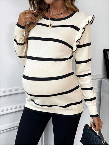 Women's Maternity Sweater Striped Pattern Round Neck Long Sleeve Ruffle Tops in Saudi Arabia