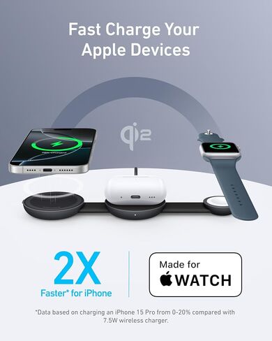 شاحن Anker MagSafe متوافق مع MagGo UFO 3 في 1، محطة شحن لاسلكية iPhone 16، معتمد من Qi2 بقدرة 15 وات، وسادة شحن قابلة للطي للسفر، لهاتف iPhone 15/14/13/12، AirPods، وساعة Apple (ليس بنك طاقة) in Kuwait