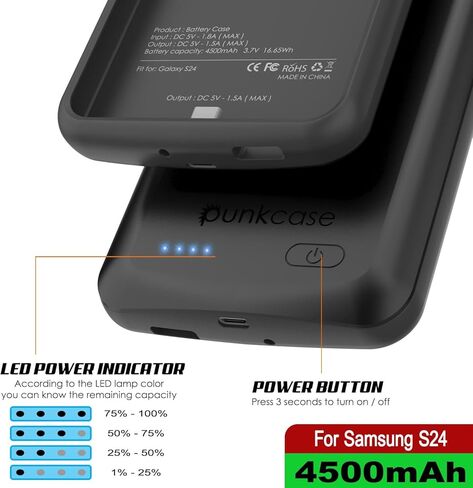 حافظة شاحن محمول PunkJuice S24، بنك طاقة ممتد 4500 مللي أمبير في الساعة | انتل سويتش | بطارية احتياطية نحيفة وآمنة وموثوقة لهاتف Galaxy S24 5G (6.2 بوصة) (2024) [أسود] in Kuwait
