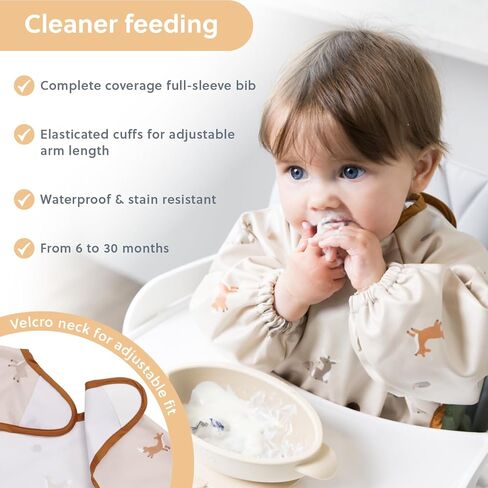 BIBaDO Mess Proof Baby Bib, 2 Pack Long Sleeve Bib, 6 month - 3 Years, Waterproof Bibs for Toddlers, Machine Washable in Saudi Arabia