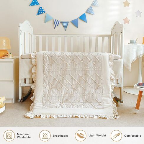 طقم سرير أطفال مكشكش من Wowelife للفتيات والأولاد 3 قطع من Boho طقم لحاف سرير أطفال بيج طقم سرير أطفال طقم سرير حضانة للبنات يتضمن لحاف مبطن وتنورة سرير وملاءة سرير، بيج in Saudi Arabia