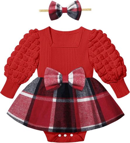 Baby Girl Dress Puff Sleeve Plaid Romper Dress Square Neck Ribbed Dress Clothes Fall Winter Outfit with Headband in Saudi Arabia