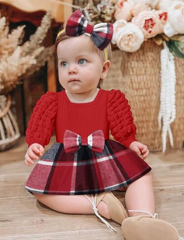 Baby Girl Dress Puff Sleeve Plaid Romper Dress Square Neck Ribbed Dress Clothes Fall Winter Outfit with Headband in Saudi Arabia