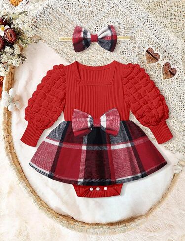Baby Girl Dress Puff Sleeve Plaid Romper Dress Square Neck Ribbed Dress Clothes Fall Winter Outfit with Headband in Saudi Arabia