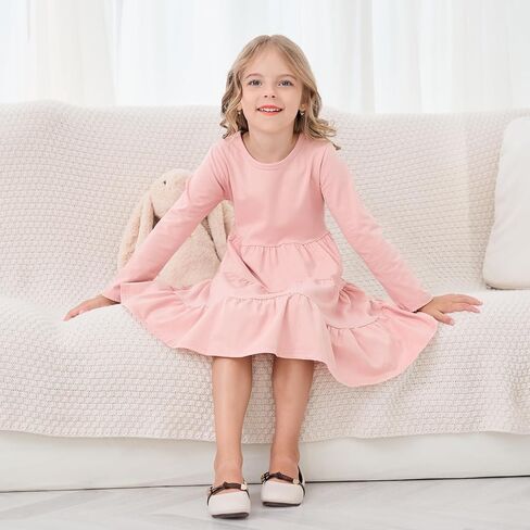 Toddler Girls Dresses Baby Girls Solid Long Sleeve Dress Ruffle Twirl Dresses for Girls Little Girls Fall Dresses in Saudi Arabia