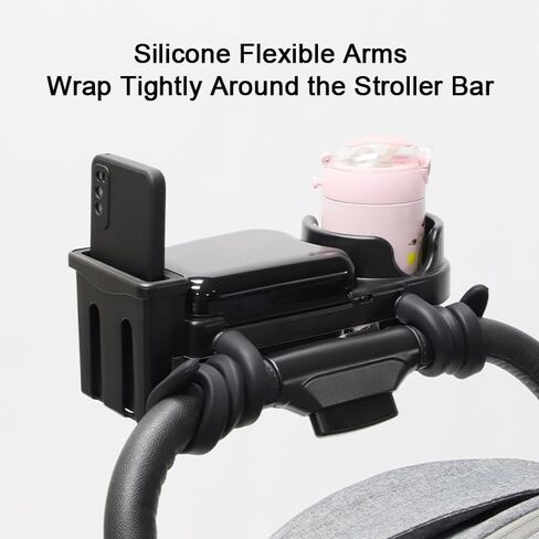 3 in 1 Stroller Cup Holder with Phone Holder and Snack Tray,Silicone Flexible Arms Firmly Grip Stroller Bar,Universal Stroller Snack Tray,Snacking On The Go in Saudi Arabia
