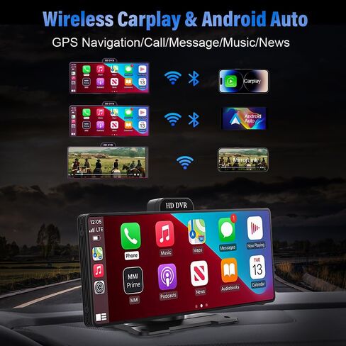 Wireless Apple Carplay Screen for Car, 10" Android Auto Screen with 2K Dash Cam &1080p Backup Camera,GPS Navigation System for Vehicle,Support Mirror Link/Bluetooth/FM Radio in Saudi Arabia