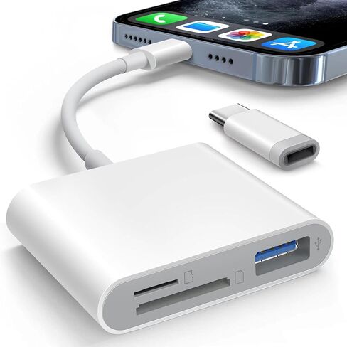 SD Card Reader for iPhone iPad Built-in Dual Lightning & USB-C Connector Card Adapter with SD MicroSD USB-A 3 Slots Trail Camera Memory Card Viewer, Portable No App Required Plug and Play in Kuwait