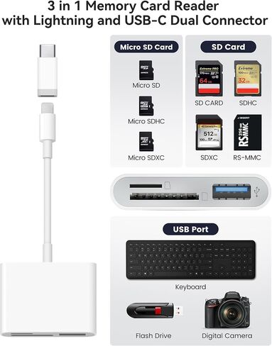 SD Card Reader for iPhone iPad Built-in Dual Lightning & USB-C Connector Card Adapter with SD MicroSD USB-A 3 Slots Trail Camera Memory Card Viewer, Portable No App Required Plug and Play in Kuwait