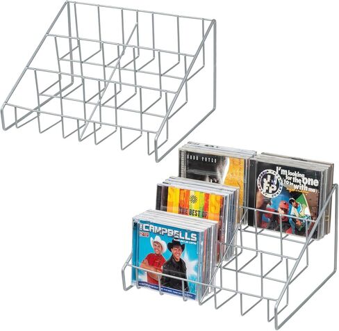 MyGift 3-Tier Cascading Metal Wire CD Storage Rack with Silver-Tone Finish, Tabletop Compact Disc Jewel Case Holder, Step Tier Office Desktop Media Organizer, Set of 2 in Saudi Arabia
