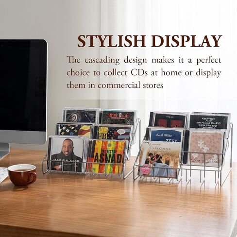 MyGift 3-Tier Cascading Metal Wire CD Storage Rack with Silver-Tone Finish, Tabletop Compact Disc Jewel Case Holder, Step Tier Office Desktop Media Organizer, Set of 2 in Saudi Arabia