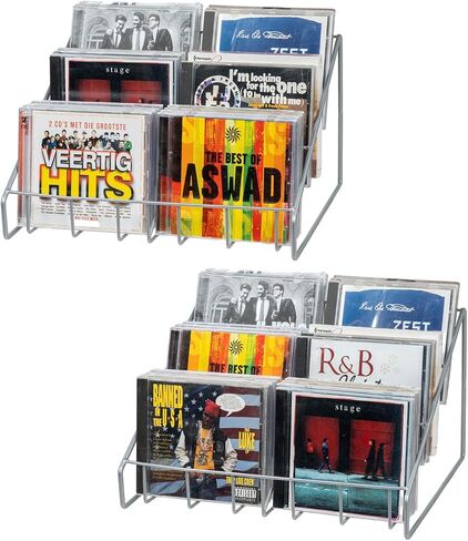 MyGift 3-Tier Cascading Metal Wire CD Storage Rack with Silver-Tone Finish, Tabletop Compact Disc Jewel Case Holder, Step Tier Office Desktop Media Organizer, Set of 2 in Saudi Arabia