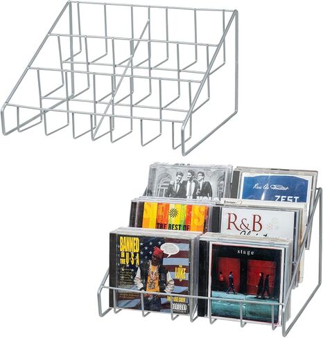 MyGift 3-Tier Cascading Metal Wire CD Storage Rack with Silver-Tone Finish, Tabletop Compact Disc Jewel Case Holder, Step Tier Office Desktop Media Organizer, Set of 2 in Saudi Arabia