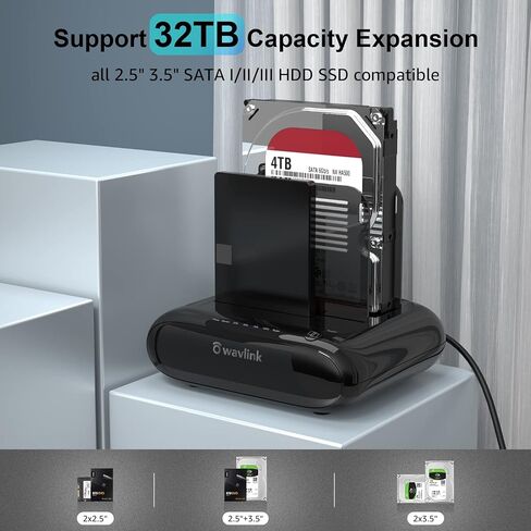 محطة إرساء القرص الصلب الخارجي WAVLINK Dual Bay، USB 3.0 إلى SATA I/II/III لقرص صلب 2.5 أو 3.5 بوصة، SSD مع وظيفة النسخ دون اتصال، يدعم UASP SATA 5 جيجابت في الثانية [دعم 2x16 تيرابايت] in Saudi Arabia
