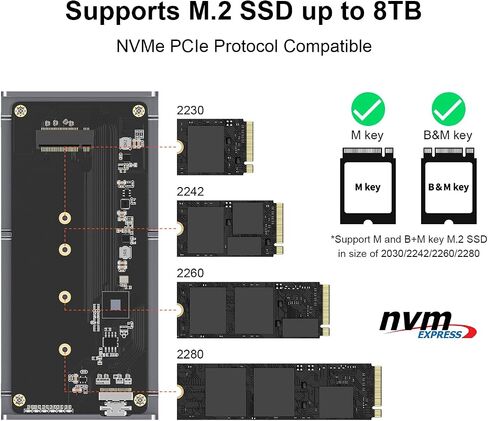 حاوية Qwiizlab بدون مروحة 40 جيجابت في الثانية USB4 M.2 NVMe SSD، تدعم Thunderbolt 4/3 حتى 8 تيرابايت، هيكل ألومنيوم متين، يناسب مقاس 2280/2260/2242/2230، مفتاح B+M M in Kuwait