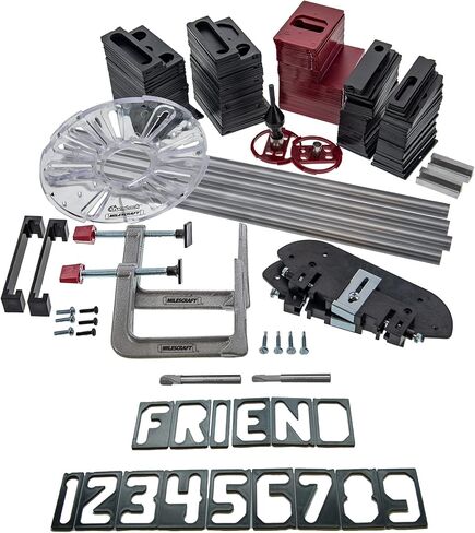 مجموعة صنع اللافتات Milescraft 1212 SignPRO لأجهزة التوجيه - 2.5 بوصة و1.5 بوصة. حروف أفقية (166 قالب)، 1.5 بوصة. و2.5 بوصة. أرقام رأسية (80 قالب) - تتضمن لقمة راوتر 3/8 بوصة - مجموعة كاملة in Kuwait