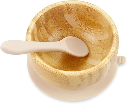 PandaEar Baby Bamboo Suction Bowl with Silicone Spoons, Wooden Baby Bowls for Toddlers & Kids, Divided Non-Slip Wooden Bowl Feeding Supplies in Saudi Arabia