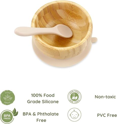 PandaEar Baby Bamboo Suction Bowl with Silicone Spoons, Wooden Baby Bowls for Toddlers & Kids, Divided Non-Slip Wooden Bowl Feeding Supplies in Saudi Arabia