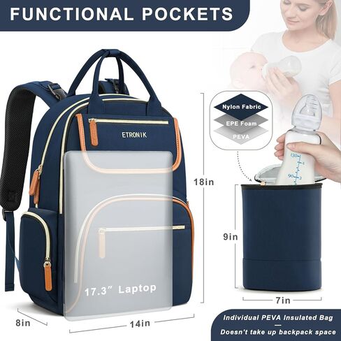 ETRONIK Diaper Bag Backpack, Baby Backpack with Separate Insulated Bag and Changing Pad, Waterproof Mommy Backpacks for Girl Boy with Stroller Straps, Stylish Travel Essentials Bag for Mom Dad-32L in Saudi Arabia