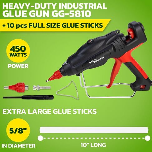 IDL Packaging GG-5810 Industrial 450W Hot Glue Gun with 10 pcs Glue Sticks - 5/8" x 10" Full-Size Glue Sticks, Amber - Hot Glue Gun Kit for Variety of Surfaces: Foam, Vinyl, Leather, or Upholstery in Kuwait