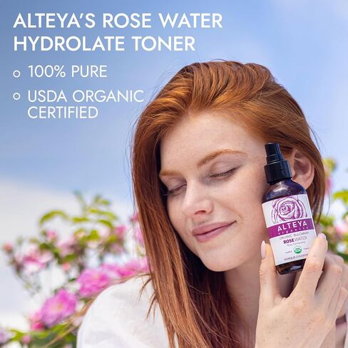 Alteya Organics Rose Water USDA Certified Organic Facial Toner, 8 Fl Oz/240mL Pure Bulgarian Rosa Damascena Flower Water, Award-Winning Moisturizer Amber Glass Spray Bottle in Kuwait