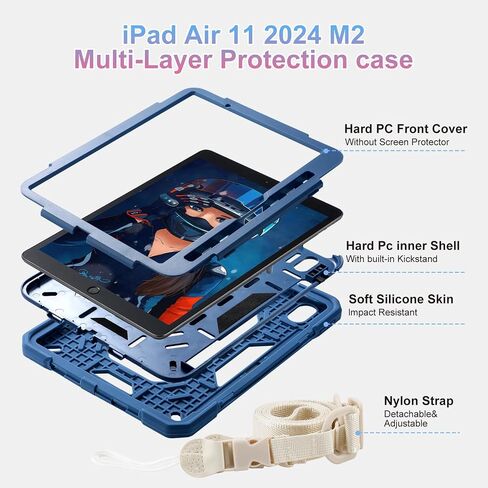 MARKILL Case for iPad Air 11 Inch Case 2024 (M2) with Pencil Slot/360 Rotating Grip Magic Stand,Keychain/Carrying Shoulder Strap,Full-Body Rugged Cover for iPad Air 6th Generation (Navy Blue) in Kuwait
