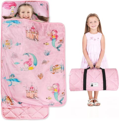 Toddler Nap Mat with Pillow and Blanket, 100% Cotton with Microfiber Fill, Portable Kids Sleeping Mats for Daycare, Preschool, 21" x 53", Lightweight and Soft Sleeping Bags in Saudi Arabia