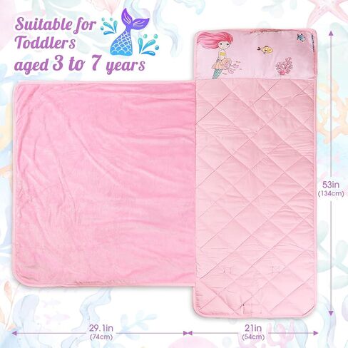 Toddler Nap Mat with Pillow and Blanket, 100% Cotton with Microfiber Fill, Portable Kids Sleeping Mats for Daycare, Preschool, 21" x 53", Lightweight and Soft Sleeping Bags in Saudi Arabia