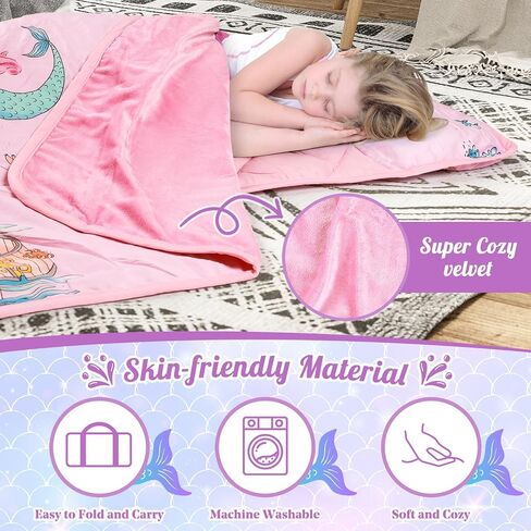 Toddler Nap Mat with Pillow and Blanket, 100% Cotton with Microfiber Fill, Portable Kids Sleeping Mats for Daycare, Preschool, 21" x 53", Lightweight and Soft Sleeping Bags in Saudi Arabia