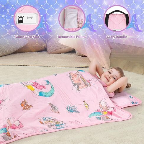 Toddler Nap Mat with Pillow and Blanket, 100% Cotton with Microfiber Fill, Portable Kids Sleeping Mats for Daycare, Preschool, 21" x 53", Lightweight and Soft Sleeping Bags in Saudi Arabia